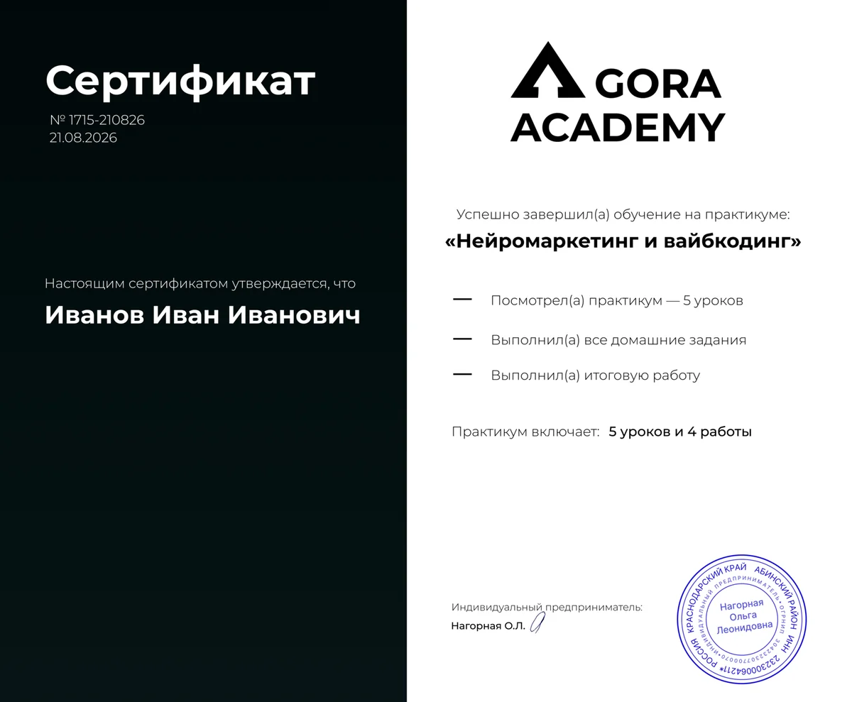 Сертификат о прохождении практикума «Нейромаркетинг и вайбкодинг»